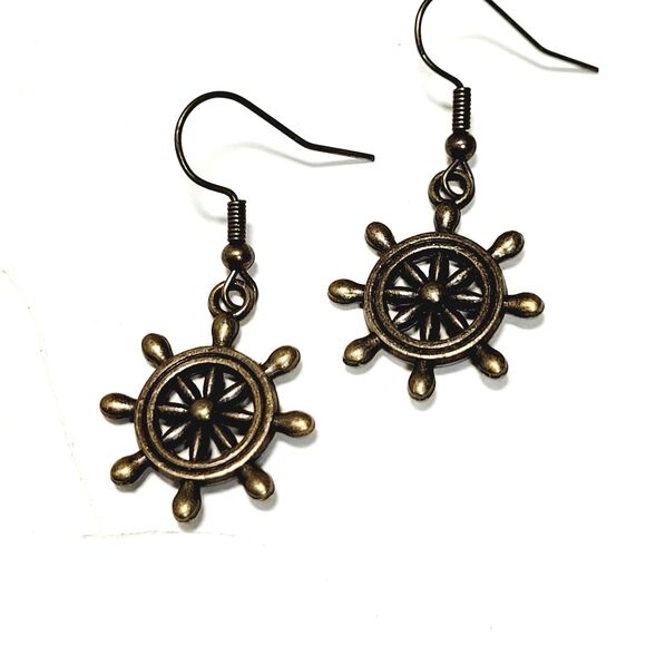 artisan earrings 213#mfs MOP shell earrings Nautical ship wheel earrings Blue or - Picture 4 of 8